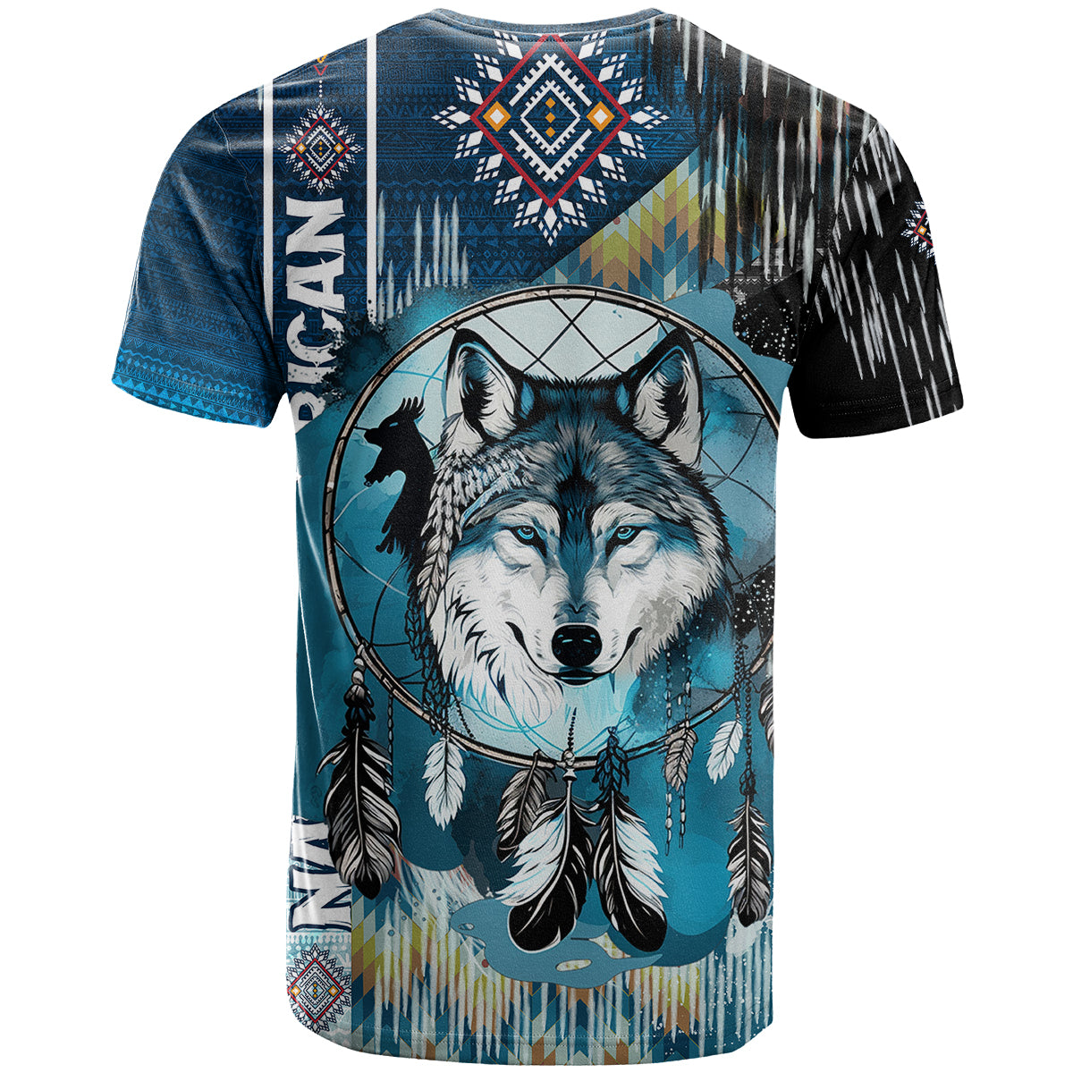 Native American Wolf Dreamcatcher Blue T-Shirt Graphic Tee