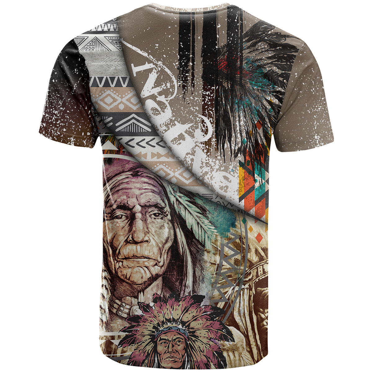 Native American Feather Headdress Portrait Of American Indian Colorful Distress Beton Texture T-Shirt Graphic Tee