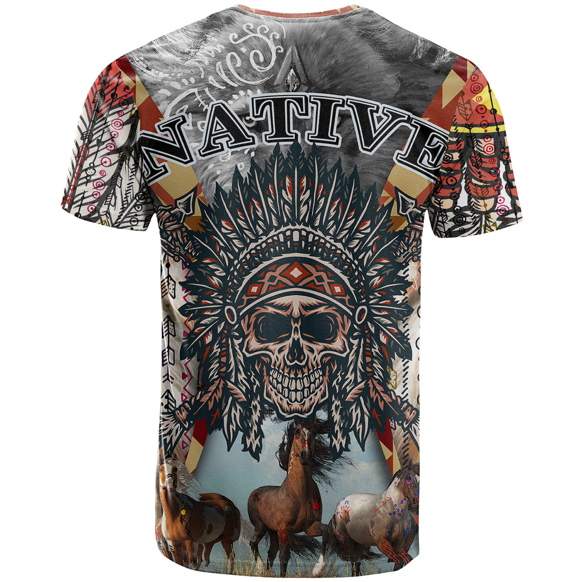 Native American Feather Headdress With Native Horses And Three Wolves In Moonlight African Pattern T-Shirt Graphic Tee