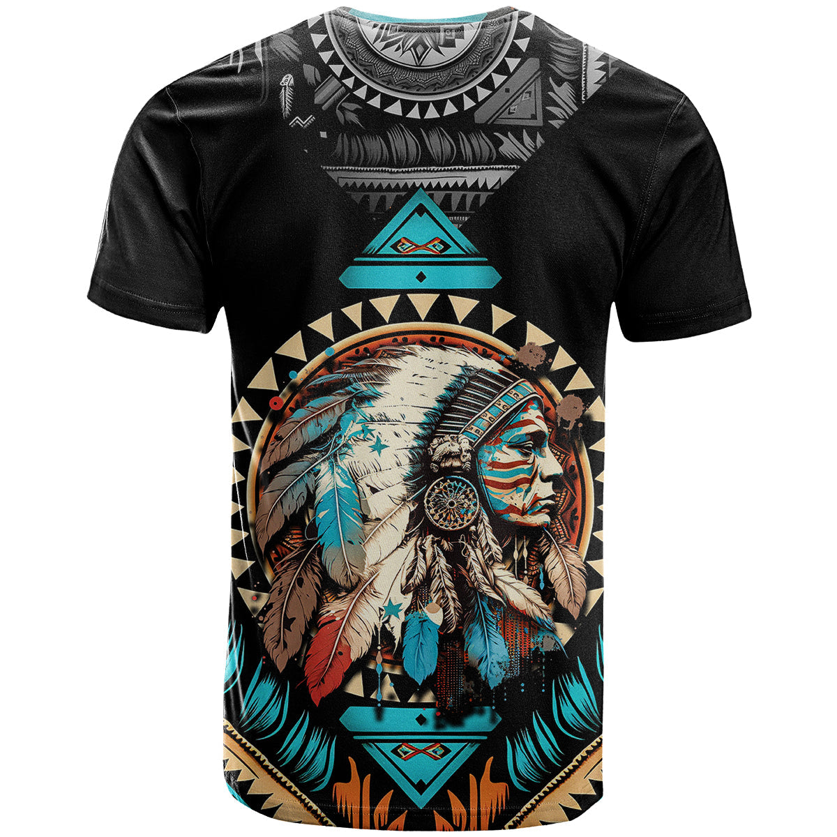Native American Indian Girl Chief Colorful Feathered Painting T-Shirt Graphic Tee