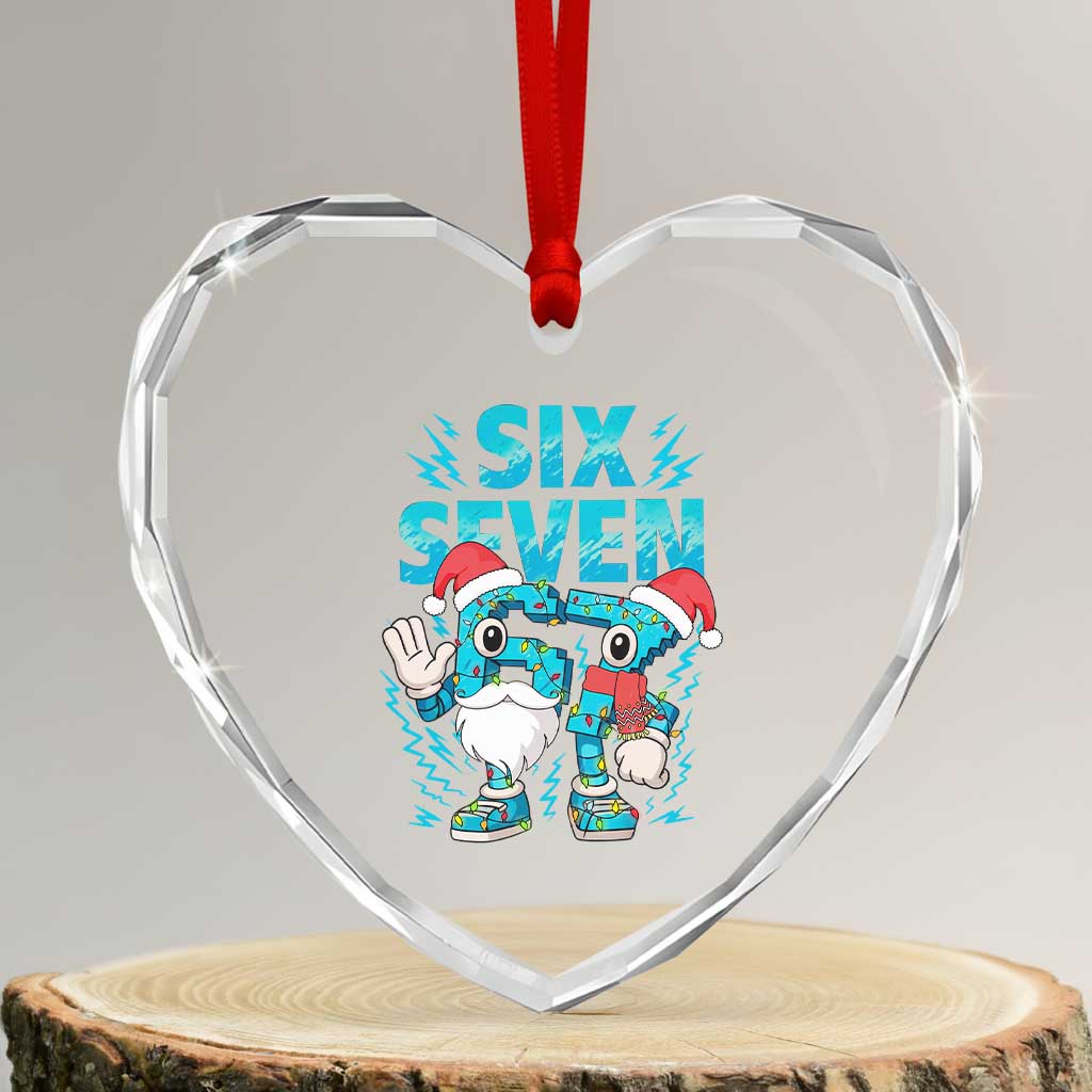 67 Meme Christmas Heart Ornament - Funny Italian Six Seven Brainrot, Crystal Glass Holiday Decor - Transparent Glass - 3'' Heart