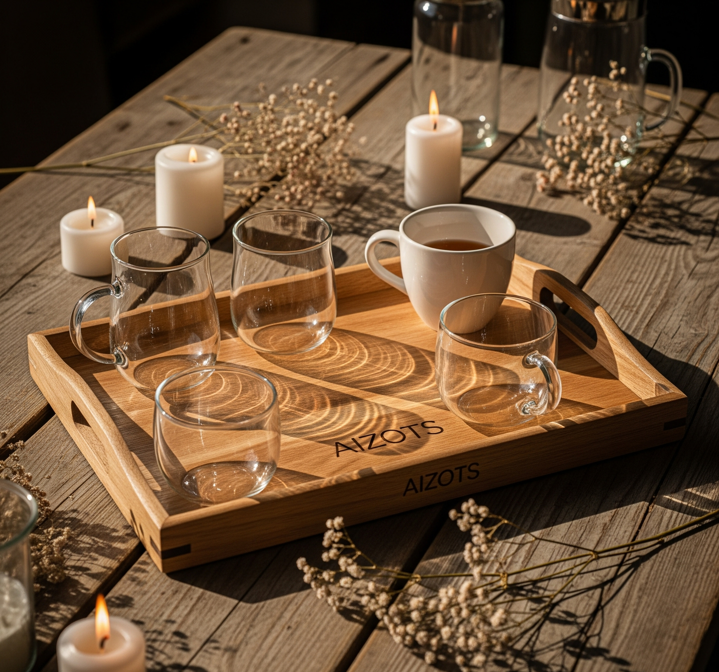 Aizots Vintage Wooden Serving Tray – Rustic Handcrafted Table Decor with Handles