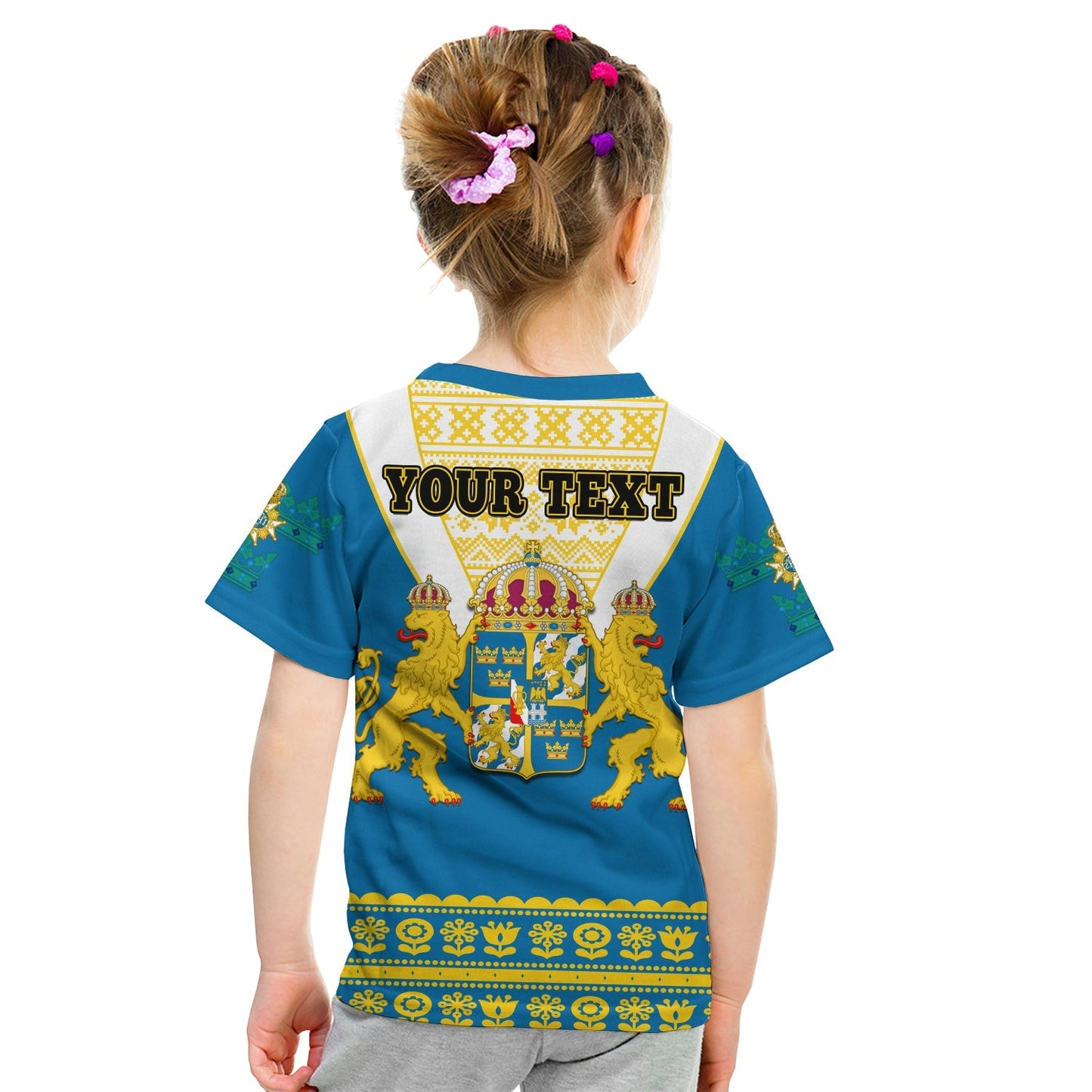 Custom Sweden T-Shirt Swedish Coat Of Arms With Scandinavian Flowers Graphic Tee
