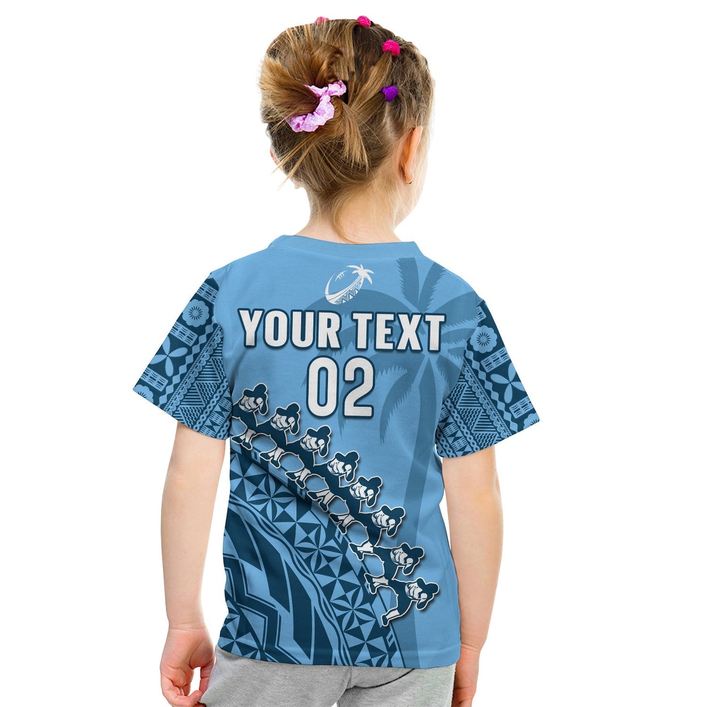 Custom Text And Number Fiji Tapa Rugby T-Shirt Fijian Cibi Dance Tapa Pattern Blue Graphic Tee
