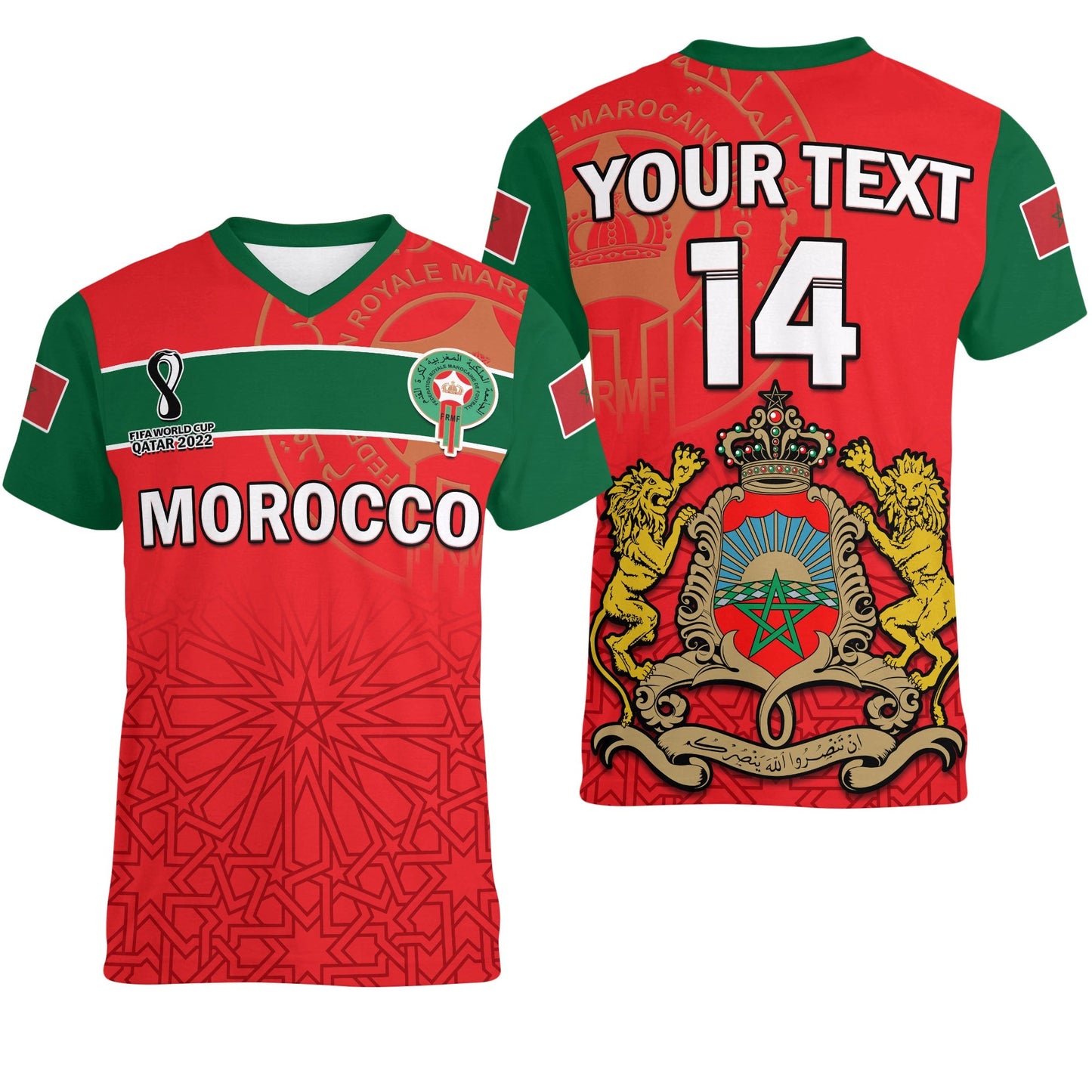 Custom Morocco Football V Neck T-Shirt Atlas Lions Red World Cup 2022 Graphic Tee