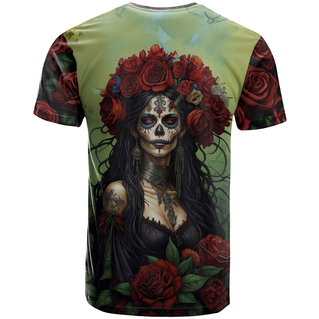 Day of Dead Lady T-Shirt Sugar Skull Rose Lady Graphic Tee