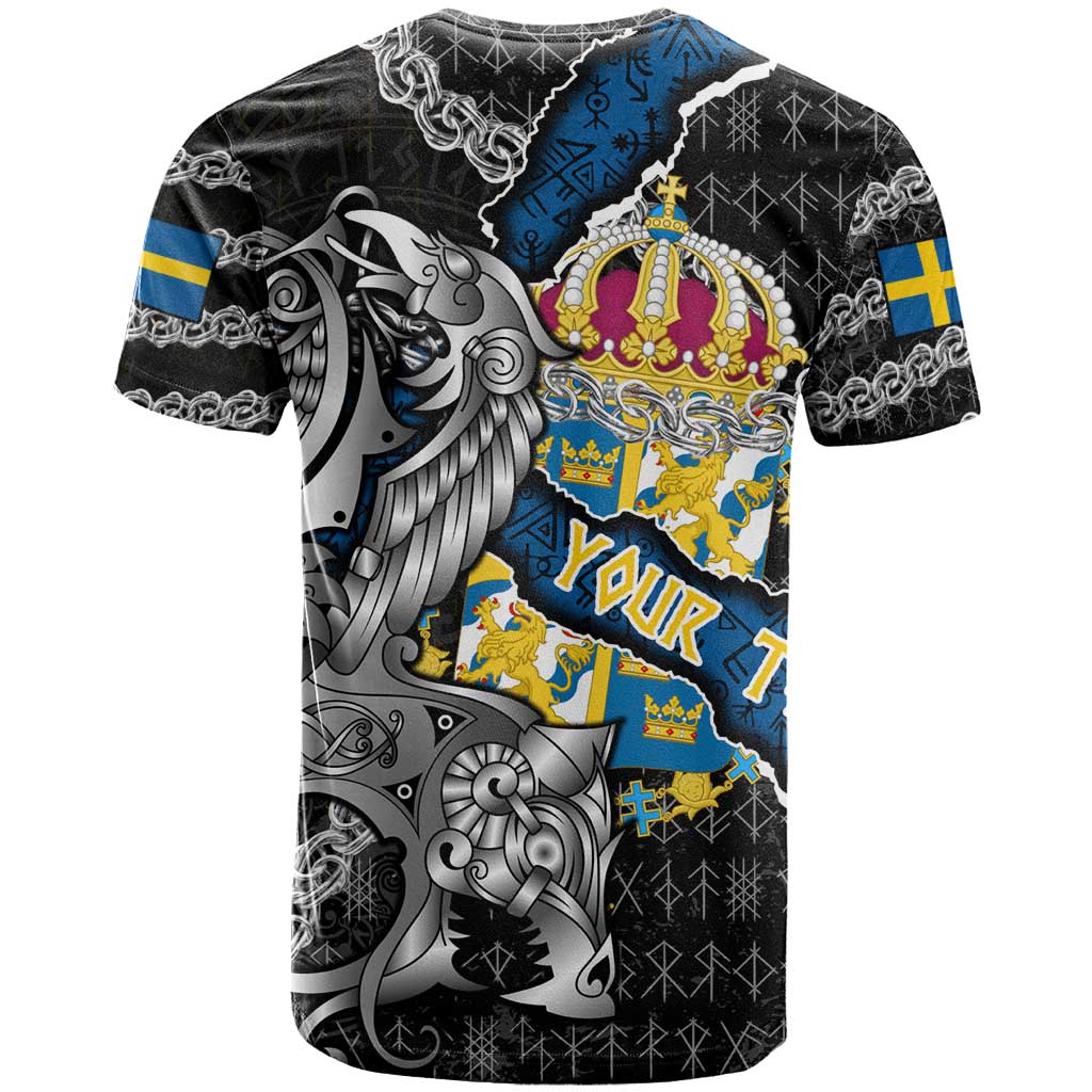 Personalized Sweden Vikings T-Shirt Nordic Lion Bound in Runes and Chains Graphic Tee