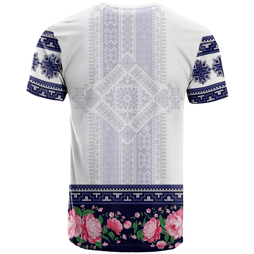 Navy Romanian National Costume T-Shirt Peony Flowers Traditional Folk Pattern Graphic Tee