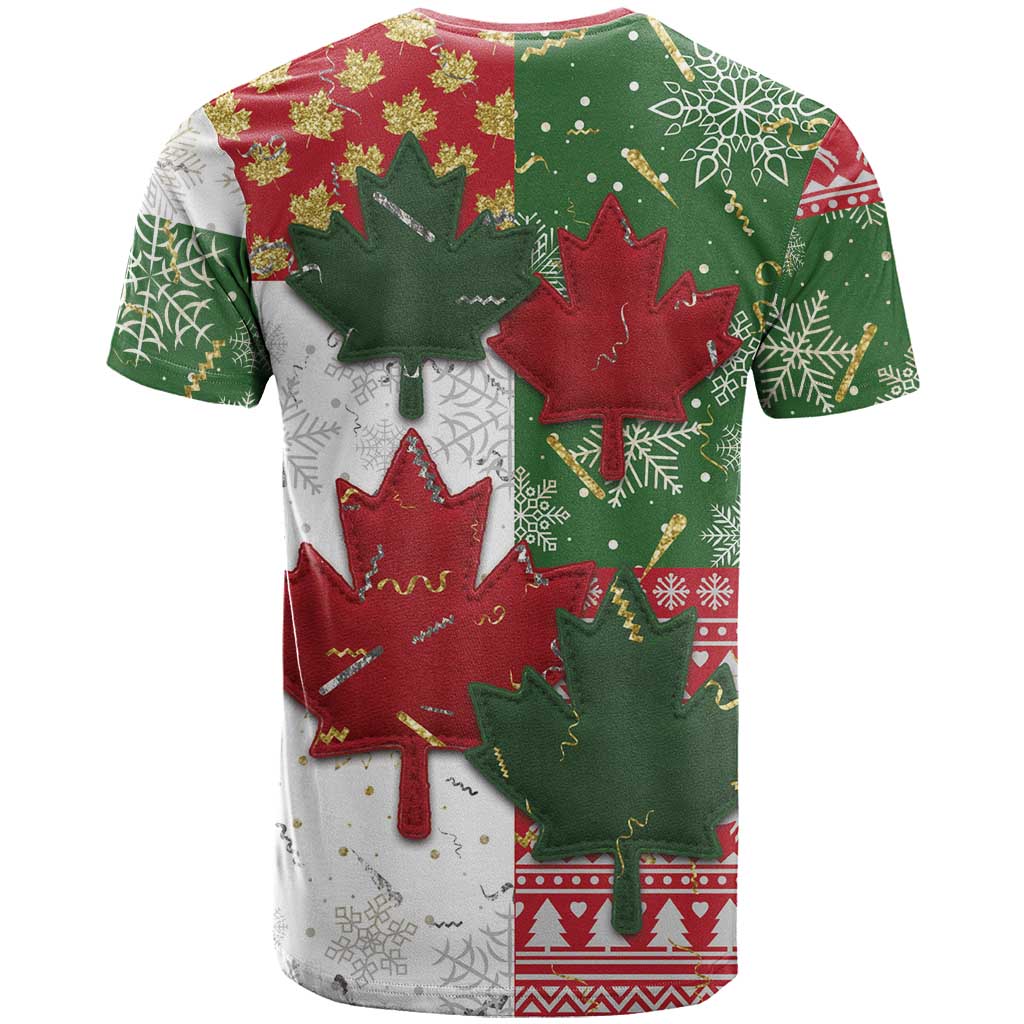 Canada Christmas T-Shirt Maple Leaves Patchwork Style Graphic Tee