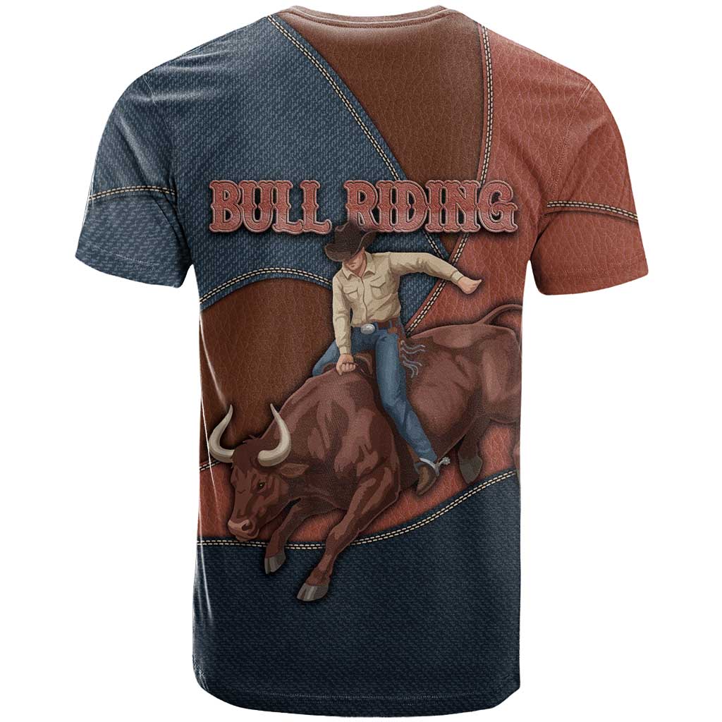 Bull Riding T-Shirt Western Cowboy Denim And Leather Effect Graphic Tee