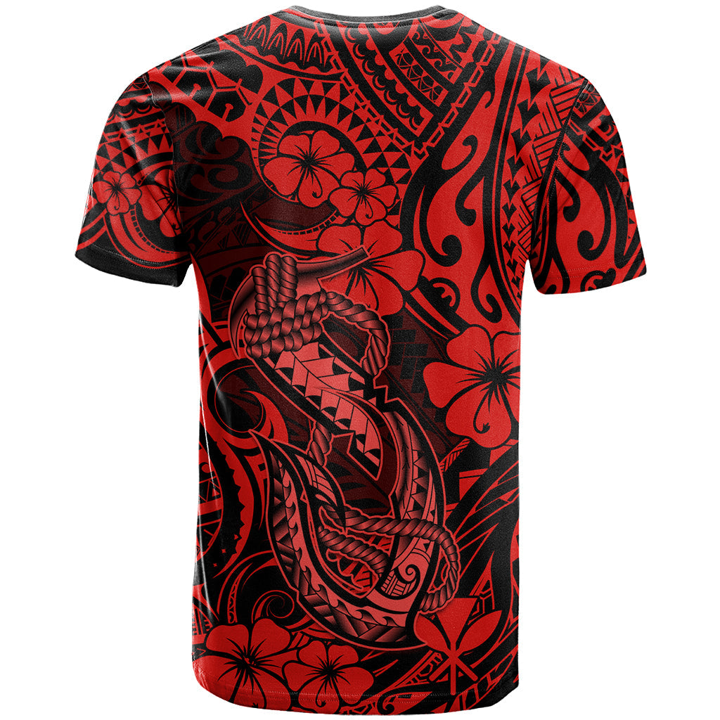 Hawaii Fish Hook T-Shirt Hibiscus Hawaii Tribal Tattoo Red Version Graphic Tee