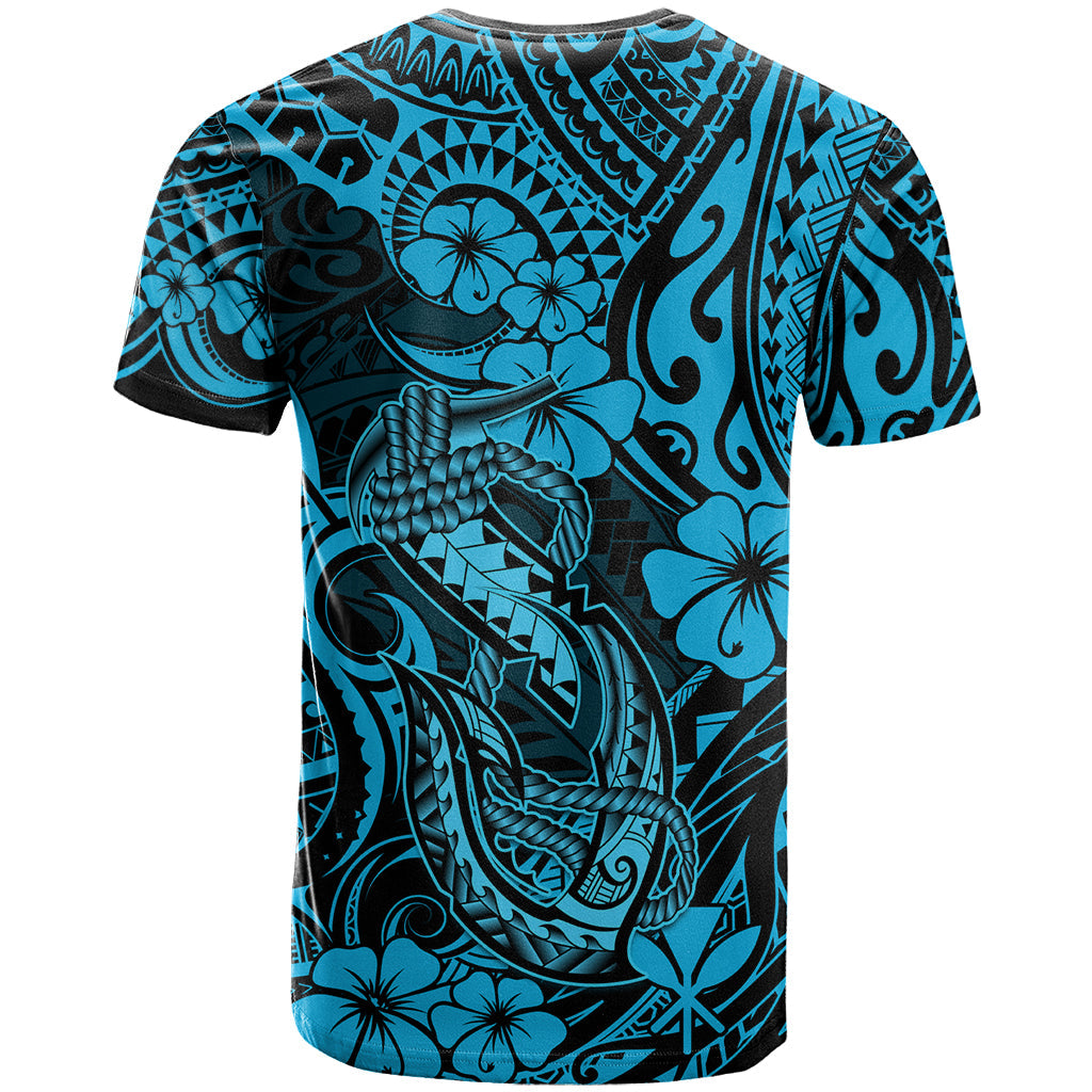 Hawaii Fish Hook T-Shirt Hibiscus Hawaii Tribal Tattoo Sky Blue Version Graphic Tee