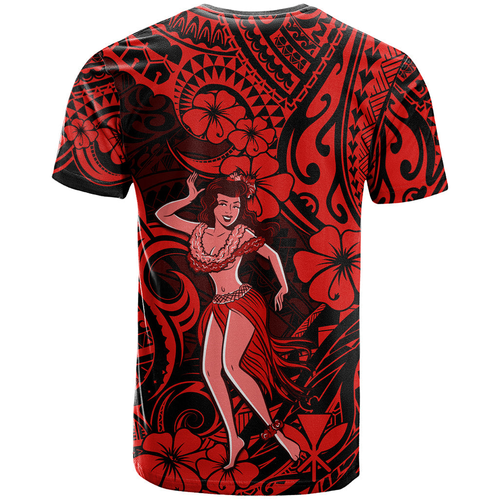 Hawaii Hula Girl T-Shirt Hibiscus Hawaii Tribal Tattoo Red Version Graphic Tee
