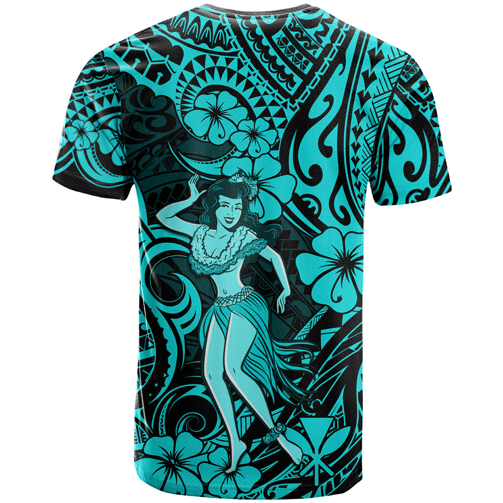 Hawaii Hula Girl T-Shirt Hibiscus Hawaii Tribal Tattoo Turquoise Version Graphic Tee