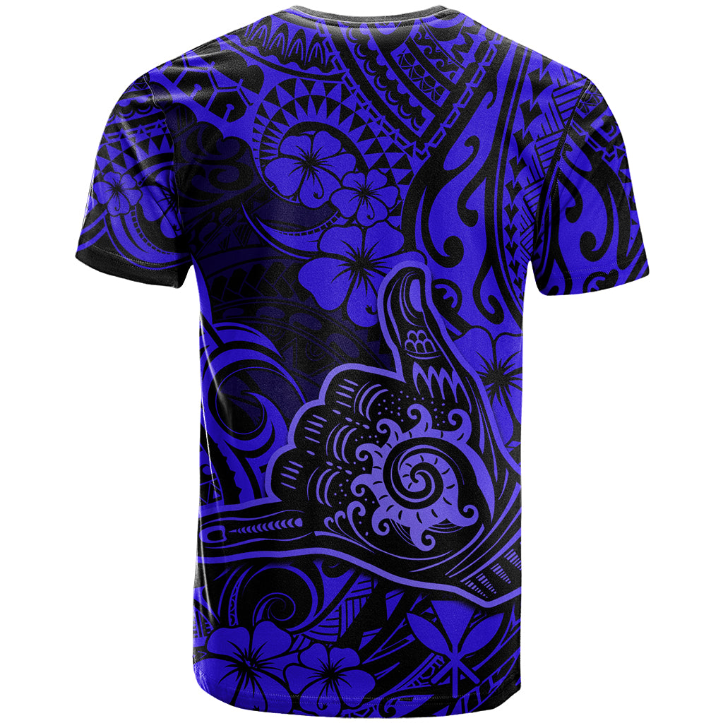 Hawaii Shaka Sign T-Shirt With Polynesian Hibiscus Navy Blue Unique Graphic Tee