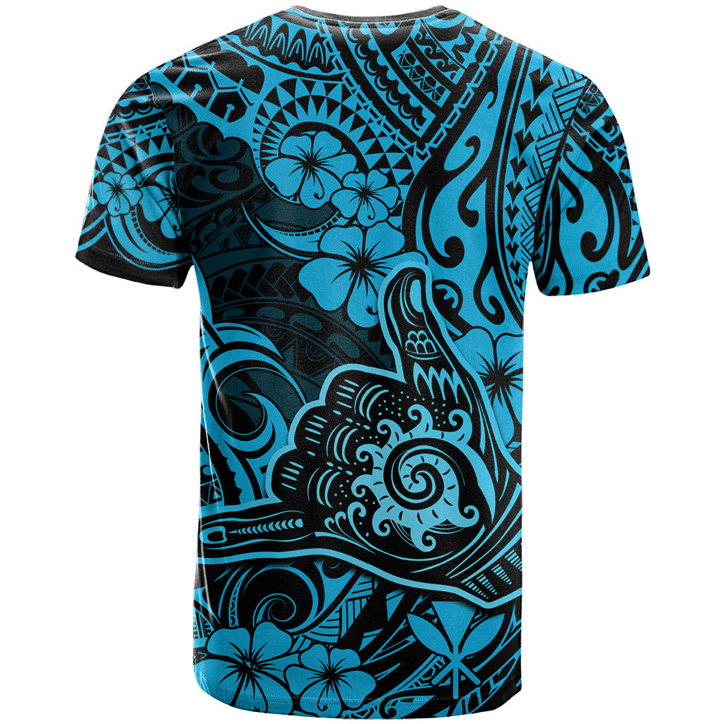 Hawaii Shaka Sign T-Shirt Polynesian Pattern Sky Blue Version Graphic Tee