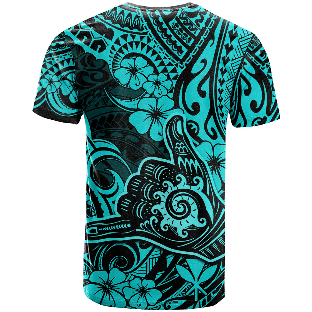 Hawaii Shaka Sign T-Shirt Polynesian Pattern Turquoise Version Graphic Tee