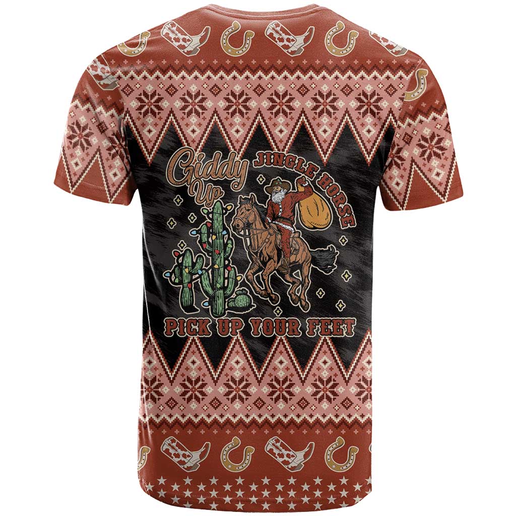 Howdy Christmas Cowboy Santa T-Shirt Giddy Up Jingle Horse Pick Up Your Feet Graphic Tee