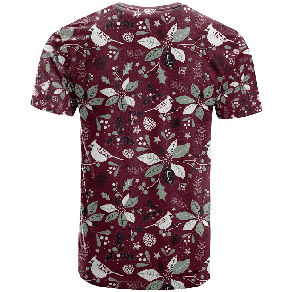 Cardinal Christmas Wine Red T-Shirt Xmas Pattern Graphic Tee