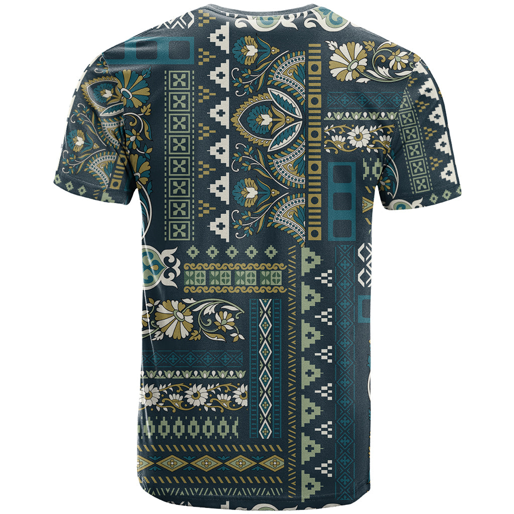 Persian Patchwork Pattern T-Shirt Unique Blue Graphic Tee