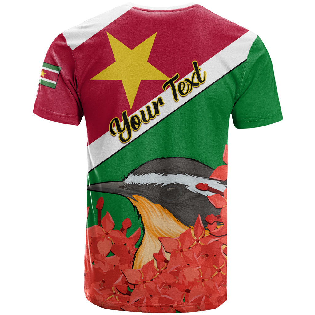 Personalised Suriname Independence Day T-Shirt Lesser Kiskadee With Scarlet Jungle Flame Flower Graphic Tee