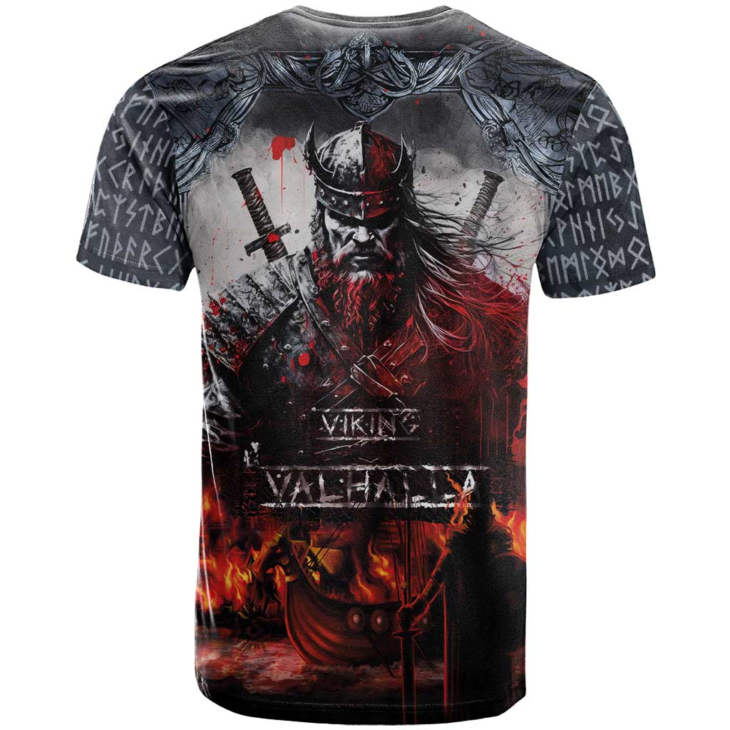 Viking Valhalla T-Shirt Norseman and Burning Battlefield Graphic Tee