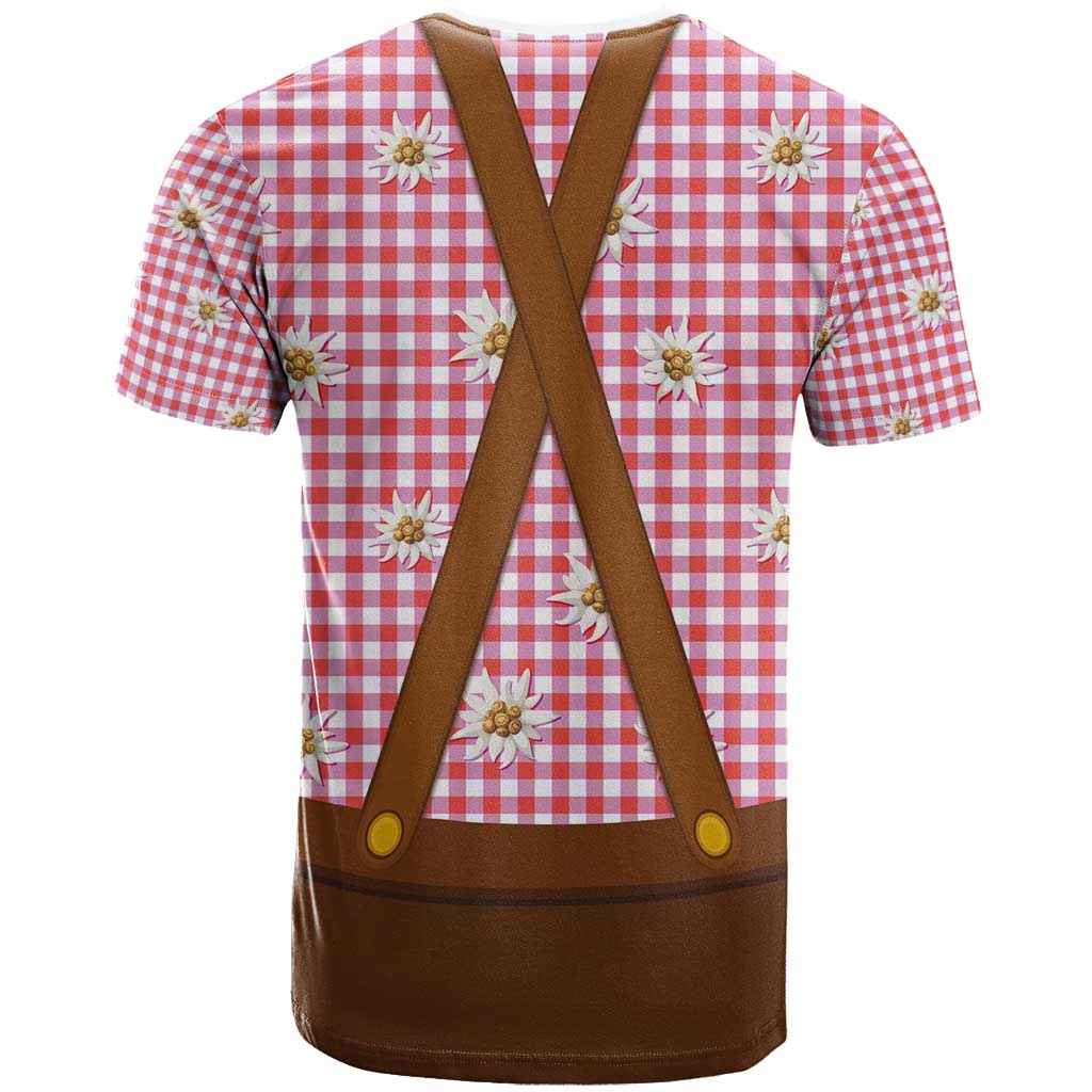 Traditional German Costume - Lederhosen and Soft Pretzel T-Shirt Blue Plaid Pattern with Edelweiss Flowers Graphic Tee