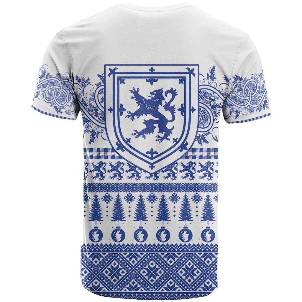 Scottish Christmas T-Shirt Scotland Thistle and Celtic Knot White-Blue Color Graphic Tee