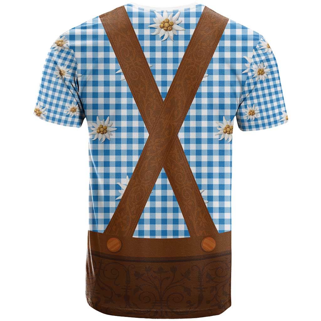 Traditional German Costume - Lederhosen T-Shirt Blue Plaid Pattern with Edelweiss Flowers Graphic Tee