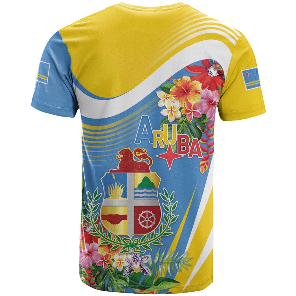 Aruba T-Shirt Coat Of Arms With Tropical Flowers Graphic Tee