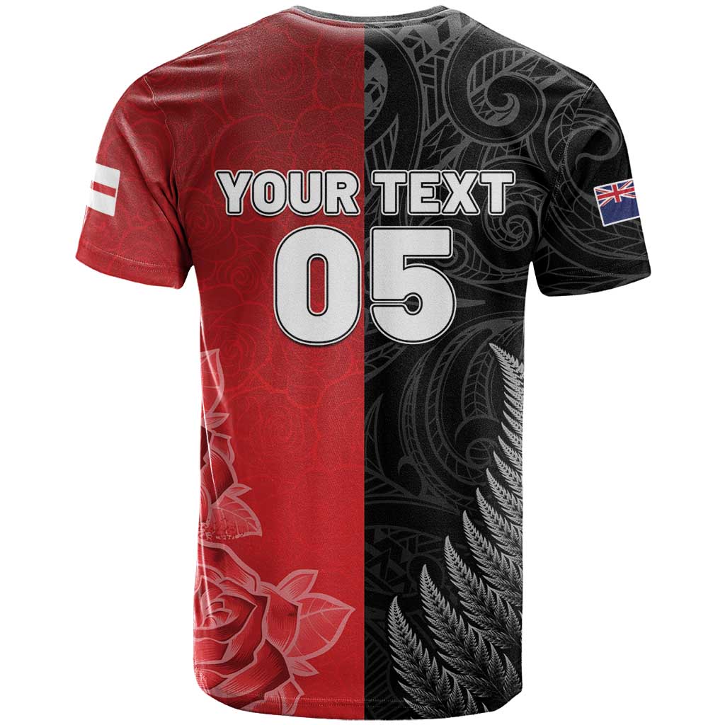 New Zealand And England Rugby Custom T-Shirt Red Rose Mix Maori Pattern Graphic Tee