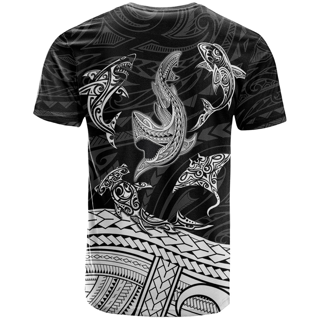 Polynesian Tribal T-Shirt with Sharks Tattoo White Graphic Tee