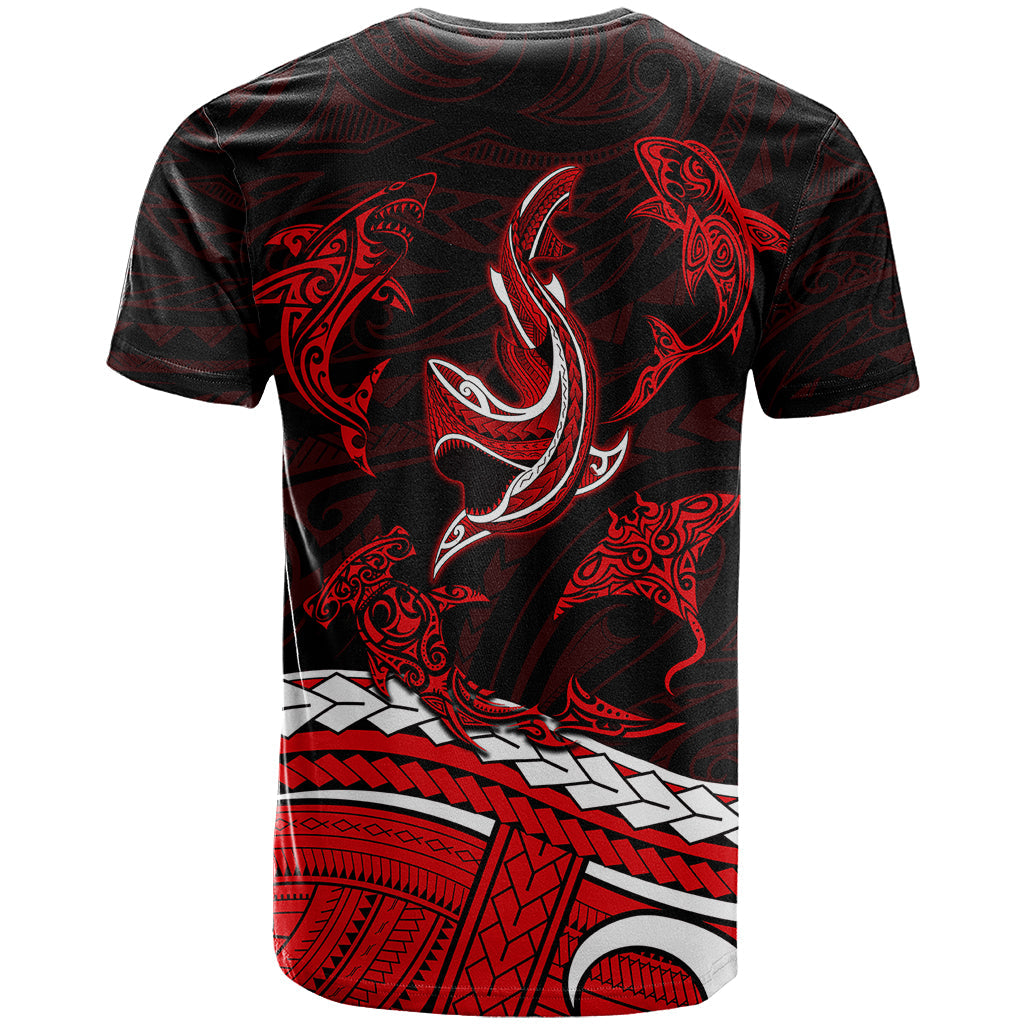 Polynesian Tribal T-Shirt with Sharks Tattoo Red Graphic Tee