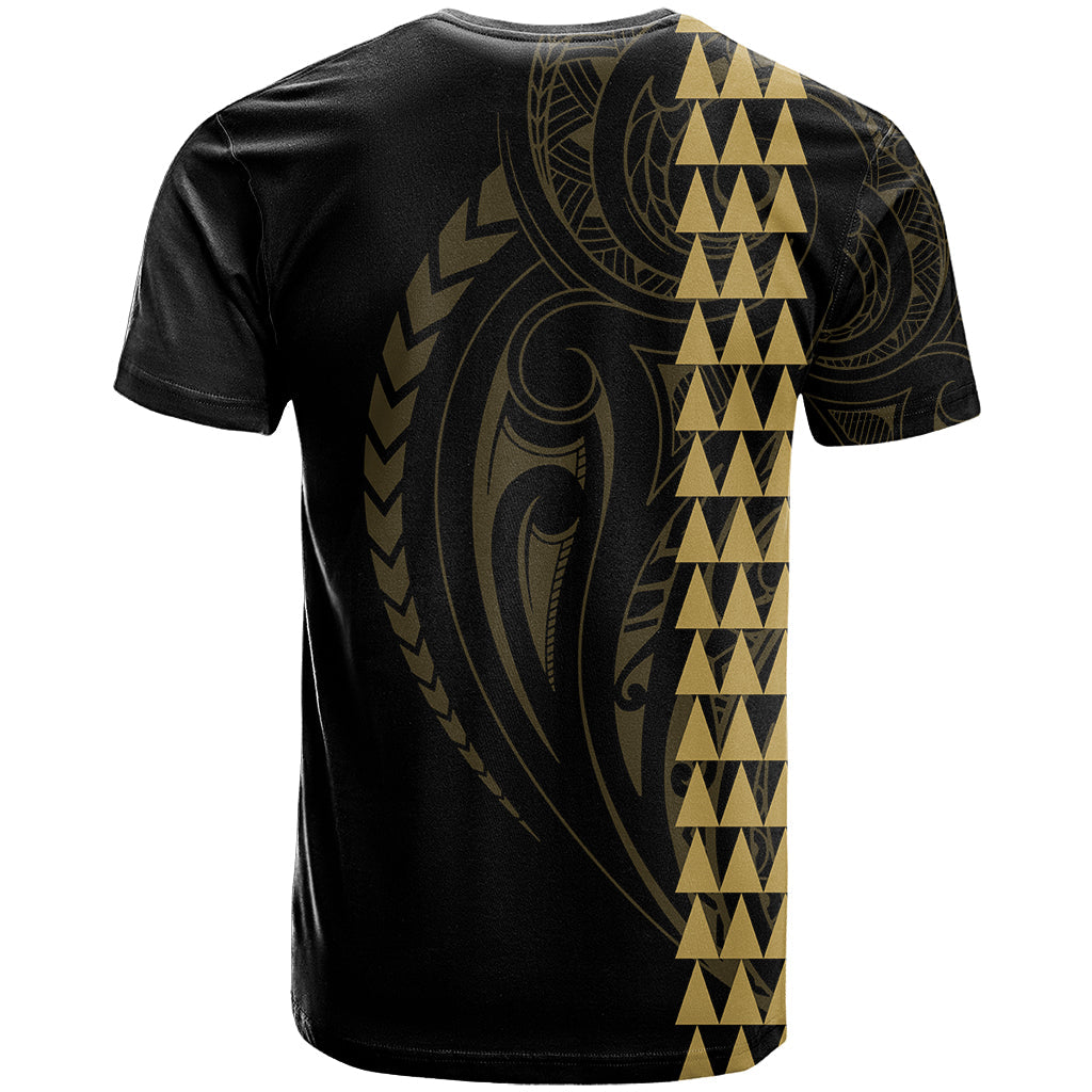 Polynesian T-Shirt Hawaiian Warrior and Aloha Girl With Hammerhead Shark Tattoos Gold Graphic Tee