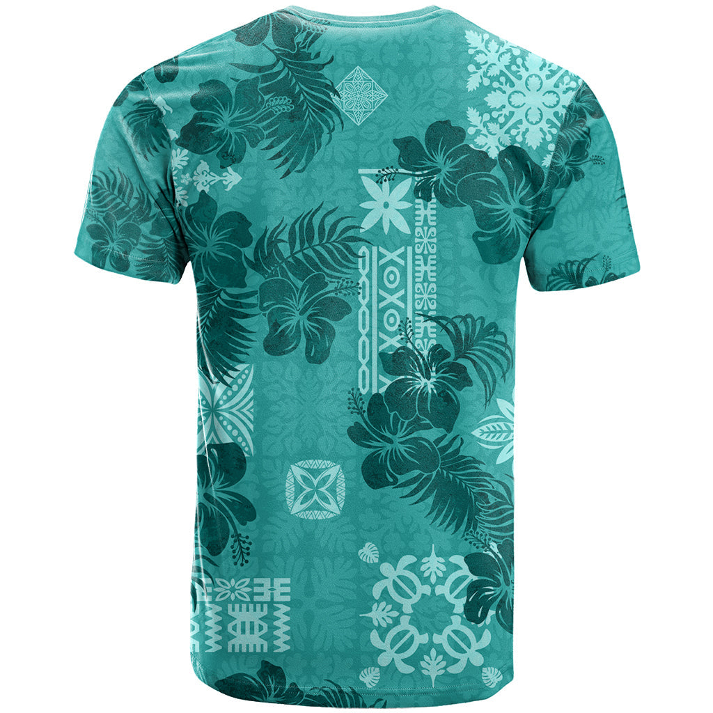 Vintage Hawaii T-Shirt Hibiscus Mix Hawaiian Quilt Patches - Teal Graphic Tee