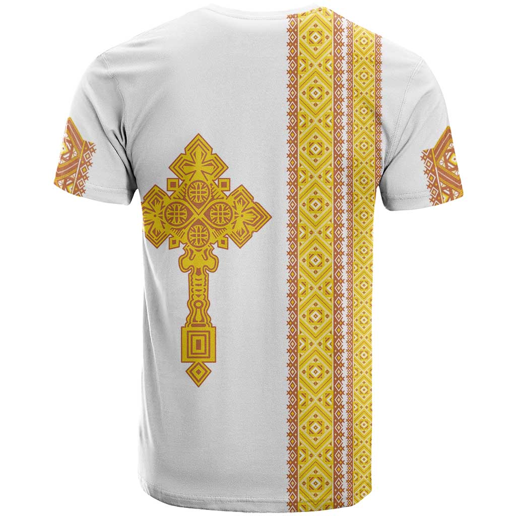 Habesha Motifs Ethiopia T-Shirt Tilet White Gold Graphic Tee