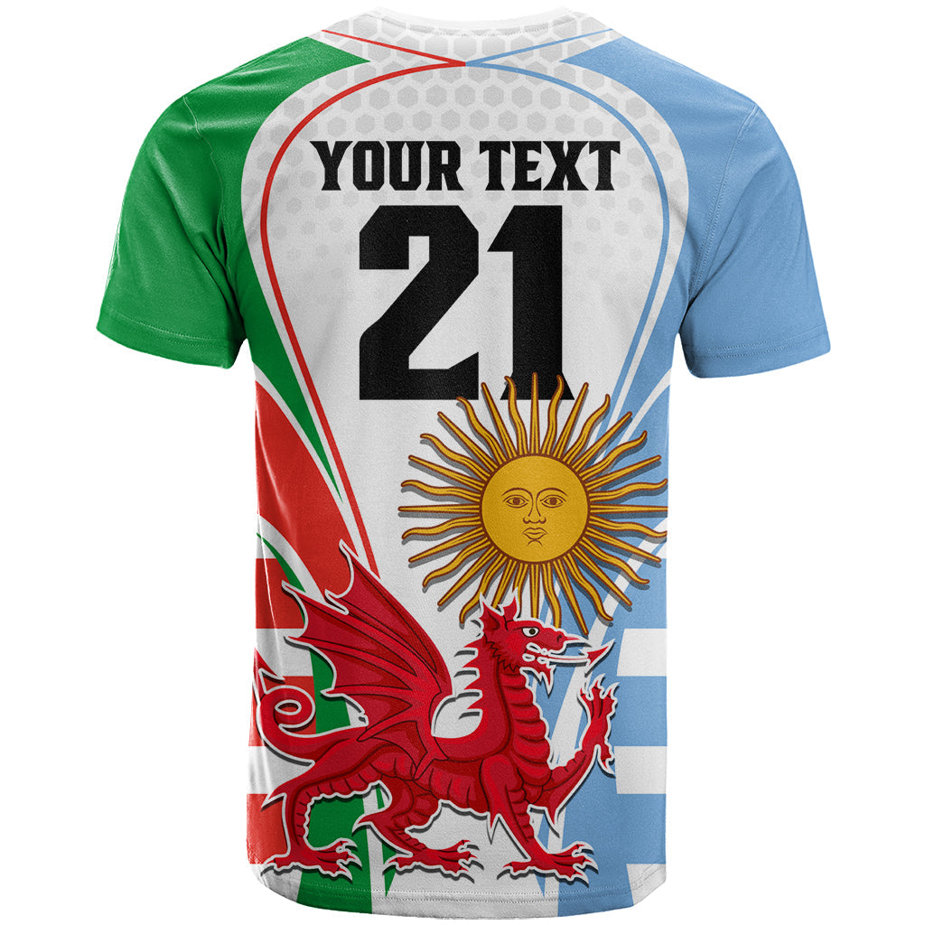 Custom Wales Argentina Rugby T-Shirt The Welsh Dragon and Sol De Mayo World Cup Graphic Tee
