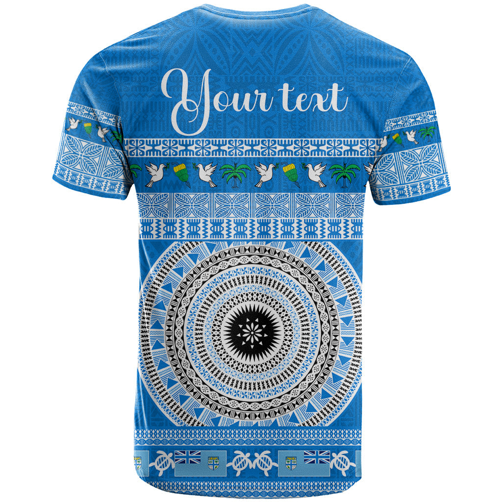 Personalised Fiji Marau Na Kerisimasi T-Shirt Merry Christmas Tapa Pattern Blue Style Graphic Tee