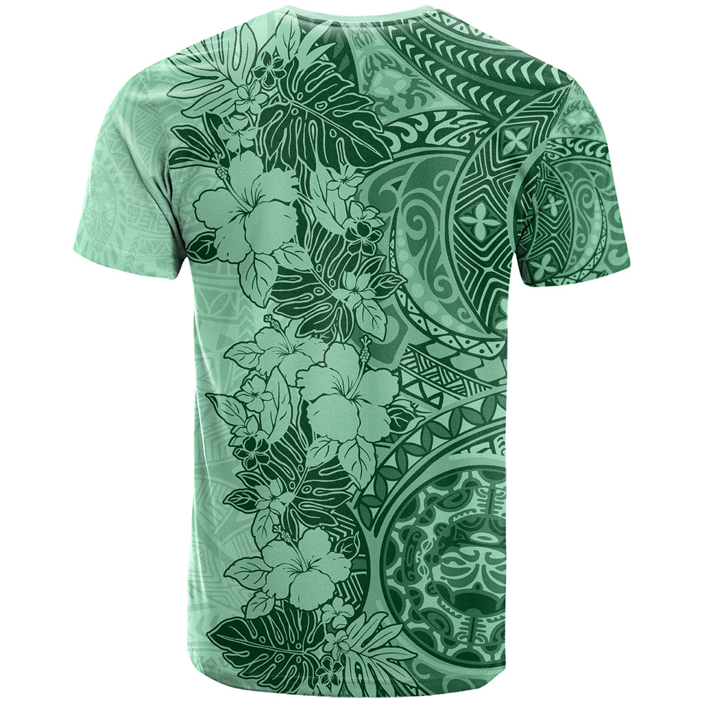 Polynesia T-Shirt Hibiscus and Hawaiian Tribal Tattoo Retro Style Green Color Graphic Tee