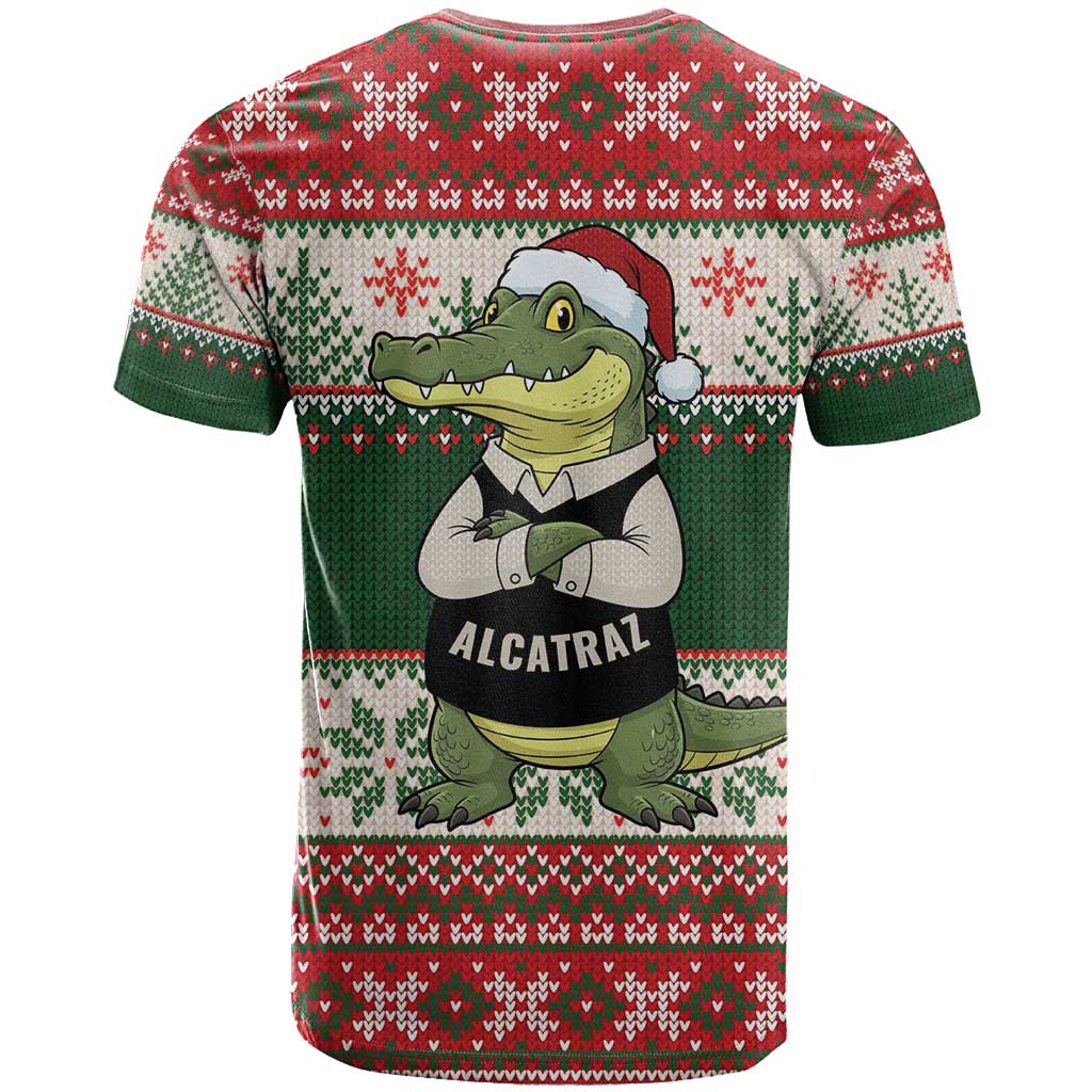 Funny Christmas Alligator Santa T-Shirt Knitted Pattern Graphic Tee