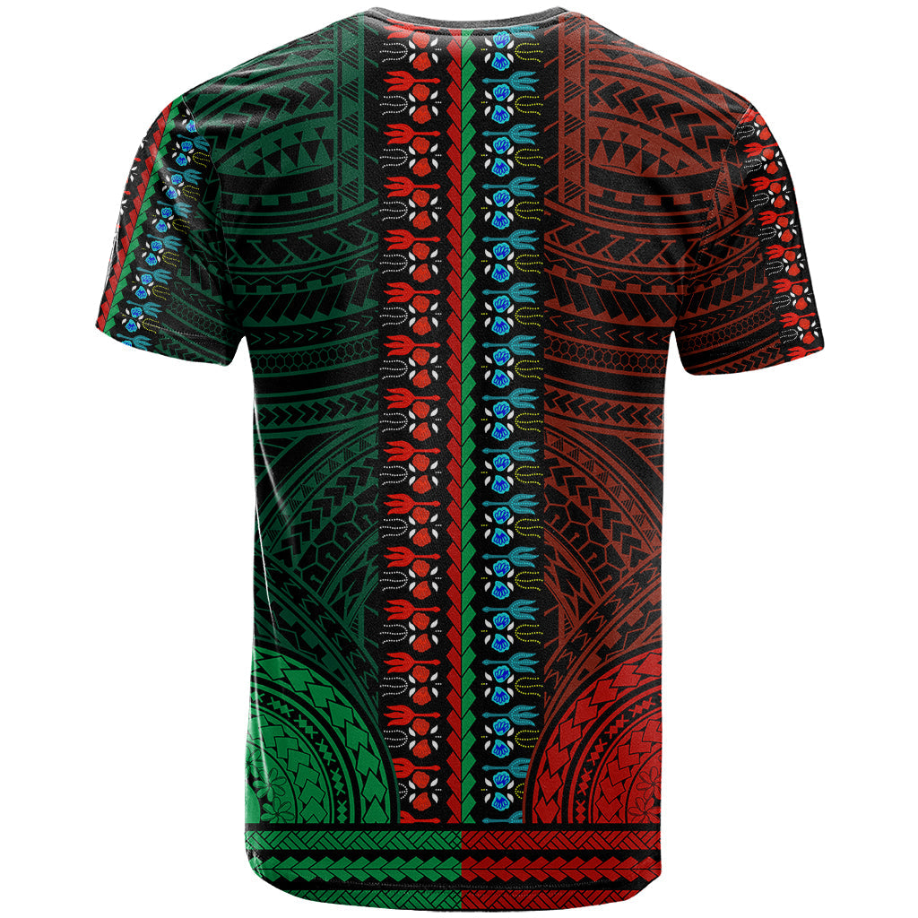 African Dashiki T-Shirt With Polynesian Pattern - Half Green and Red Graphic Tee