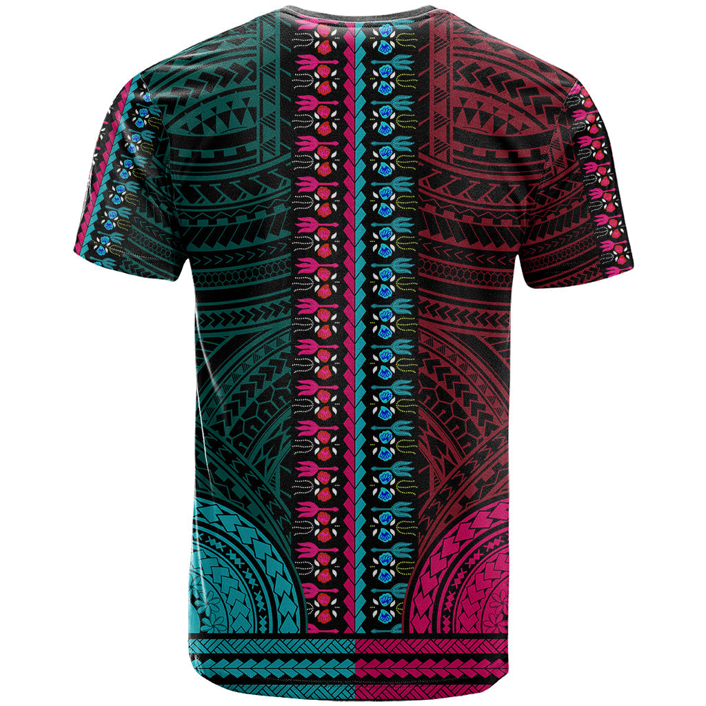 African Dashiki T-Shirt With Polynesian Pattern - Half Teal and Pink Graphic Tee