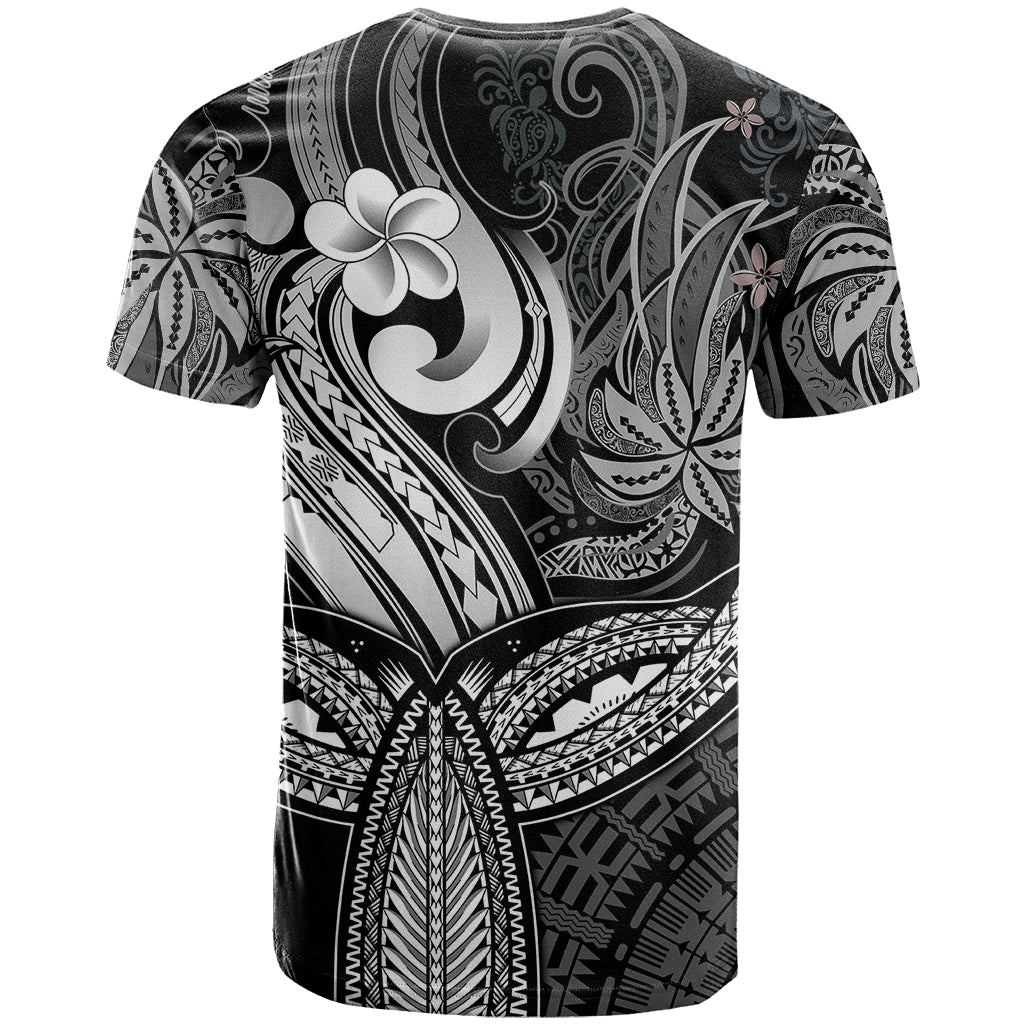 Polynesia T-Shirt Whale Tale and Polynesian Sunset Plumeria Black Graphic Tee