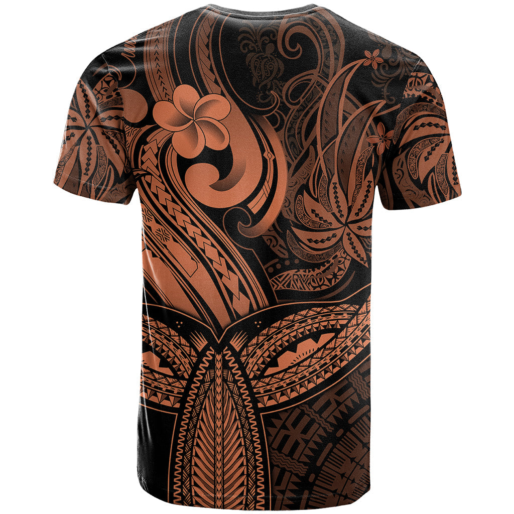 Polynesia T-Shirt Whale Tale and Polynesian Sunset Plumeria Gold Graphic Tee