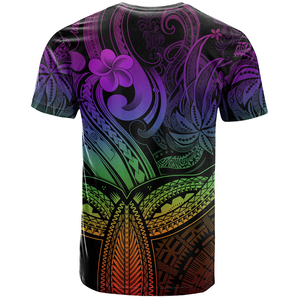Polynesia T-Shirt Whale Tale and Polynesian Sunset Plumeria Rainbow Graphic Tee