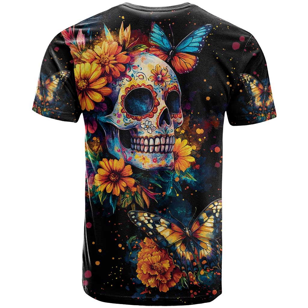 Mexican La Calaca and Marigold Flowers T-Shirt Skull Day Of The Dead Graphic Tee