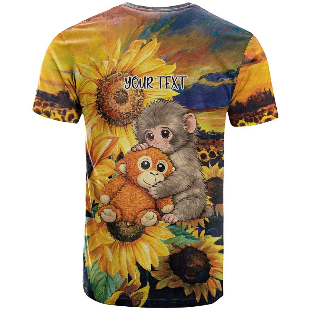 Personalized Baby Monkey Punch T-Shirt Sunflower Field Oil Painting Style Graphic Tee