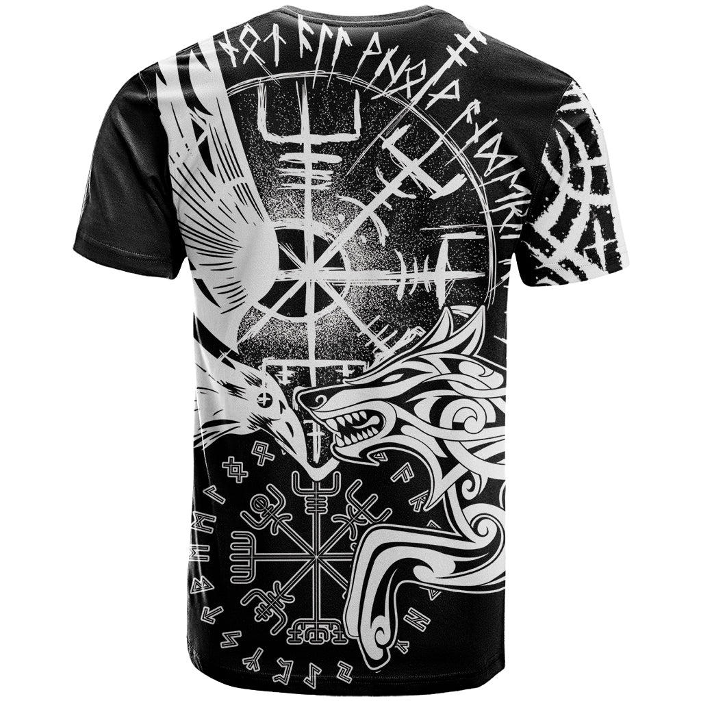 Vikings Raven and Wolf T-Shirt with Aegishjalmur Unique Graphic Tee