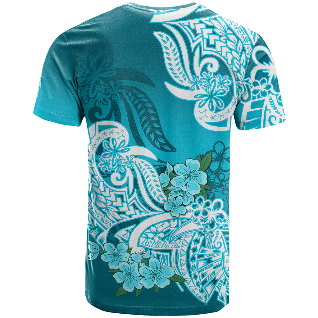 Polynesian T-Shirt Pacific Flower Mix Floral Tribal Tattoo Aqua Vibe Graphic Tee