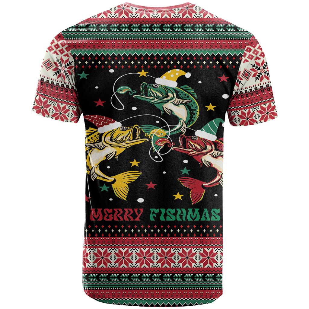 Funny Fishmas Bass T-Shirt Christmas Santa Hat Lights Graphic Tee